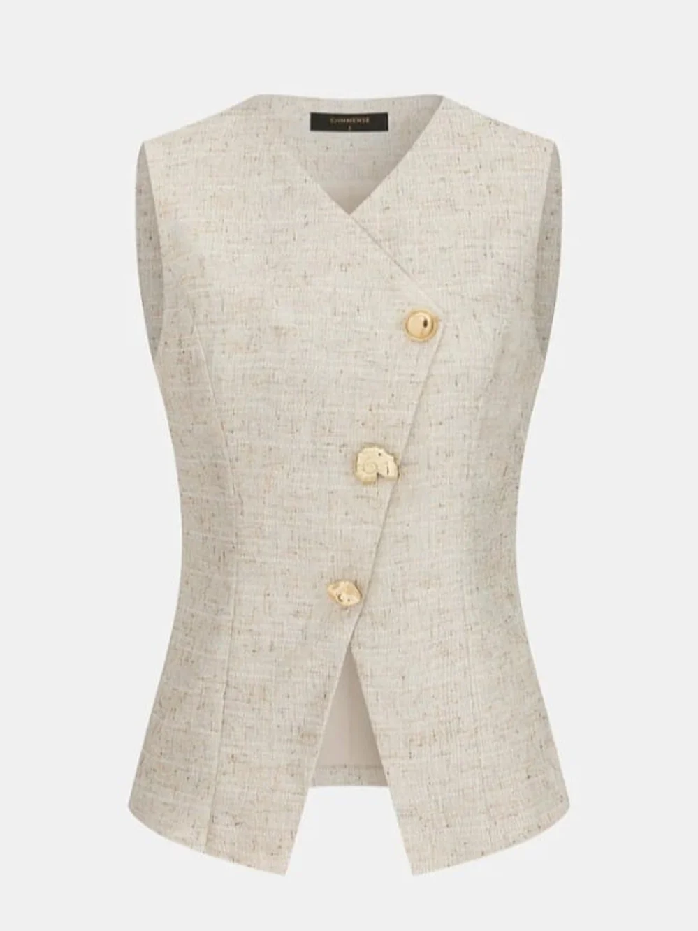The Commense XL Women's Woven V-Neck Sleeveless Button Front Vest Top in Beige
